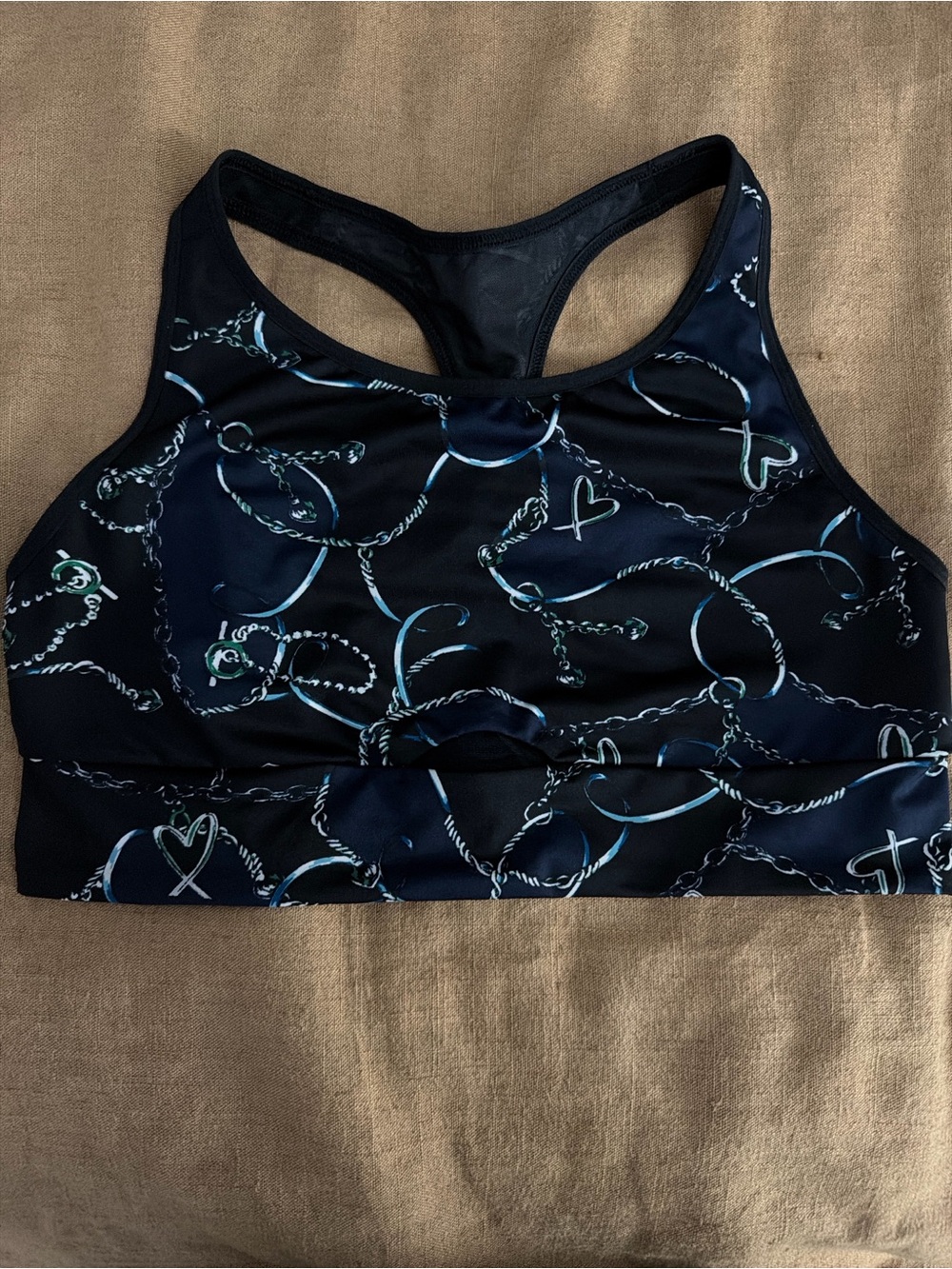 Black Racerback Sports Bra with Blue Chain & Heart Motif